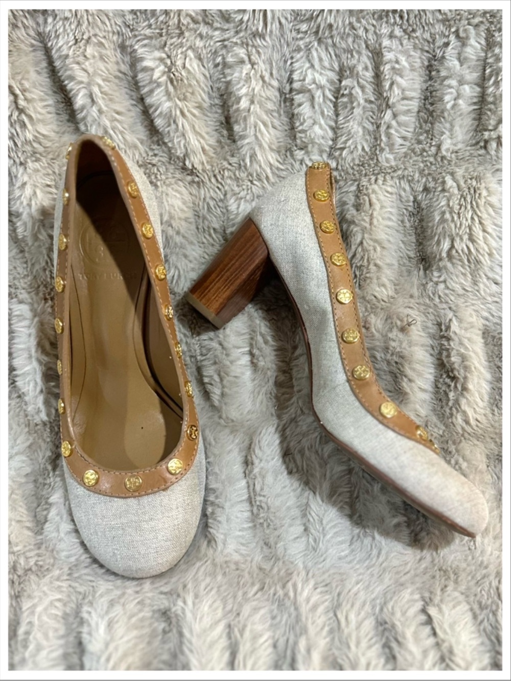 Tory Burch Linen Canvas Gold Stud Wood Block Heel Pumps ~ Size 7 ~ Item #SH236